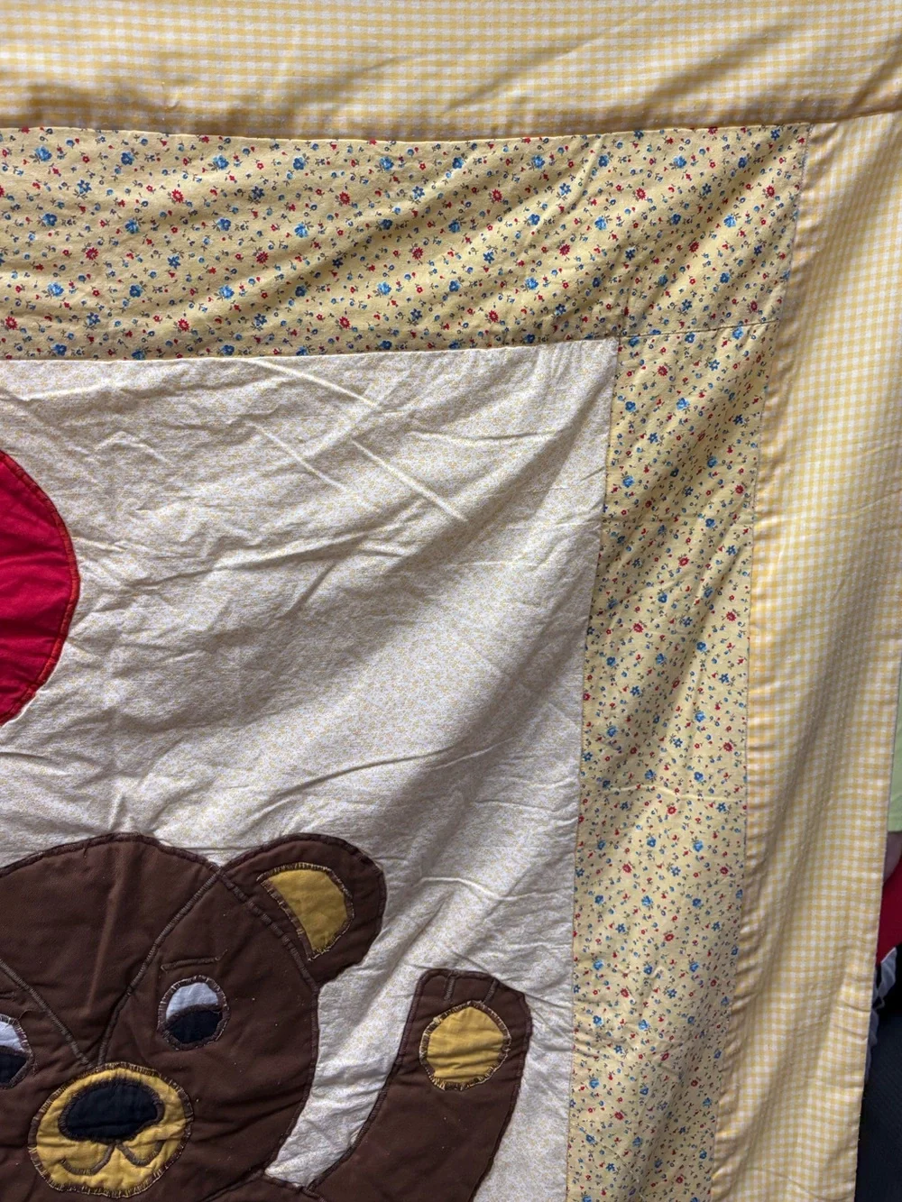 Vintage Handmade Yellow Teddy Bear Appliqué Baby Quilt with Red Balloon